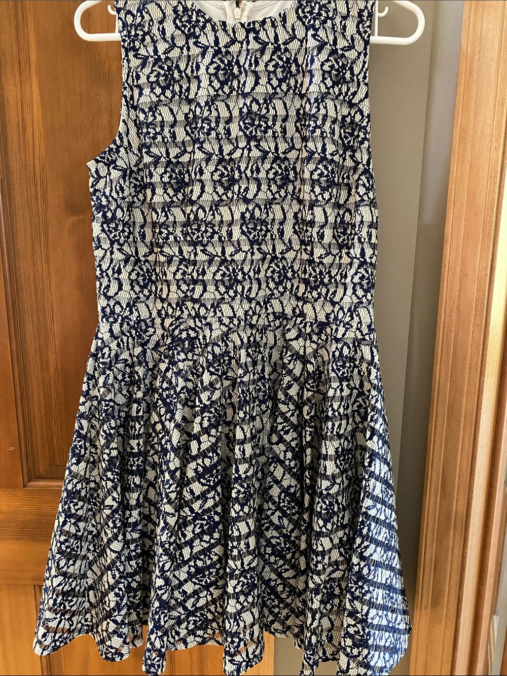 Maison Jules Size Large Navy and Cream, Lace-Pattern Fit & Flare Dress